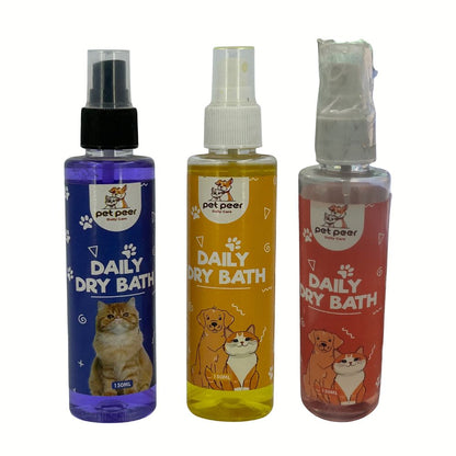 Three bottles of 'Daily Dry Bath' for pets with colorful labels and pet illustrations on a white background.