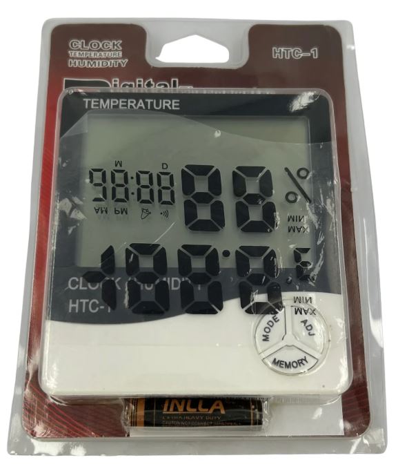 Digital thermometer and humidity meter in packaging with INLAA battery visible