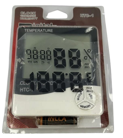 Digital thermometer and humidity meter in packaging with INLAA battery visible