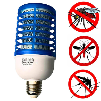 Insect killer bulb with blue top and white base, surrounded by red and black mosquito control symbols.