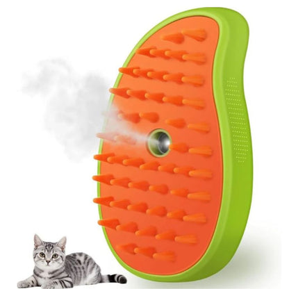 Orange and green pet grooming brush with a cat on a white background