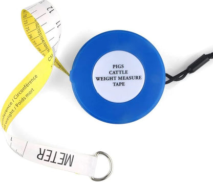 Pigs cattle weight measure tape with blue casing on a white background